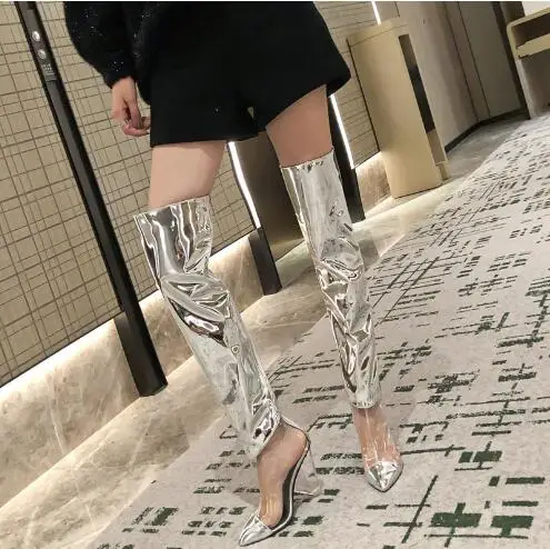 

Sliver Beige Black Shiny Leather PVC Patchwork Crystal Spike Heels Zipper Back Over The Knee Boots Women Run Way Long Botas Shoe