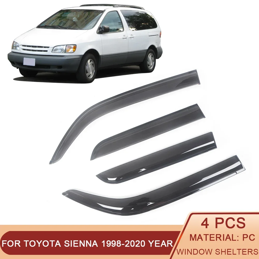 

Ветровые дефлекторы для боковых окон автомобиля Toyota Sienna 1998-2020, козырек для двери с защитой от черного дождя, вентиляционные оттенки, козырек для вентиляции с защитой от темного дыма