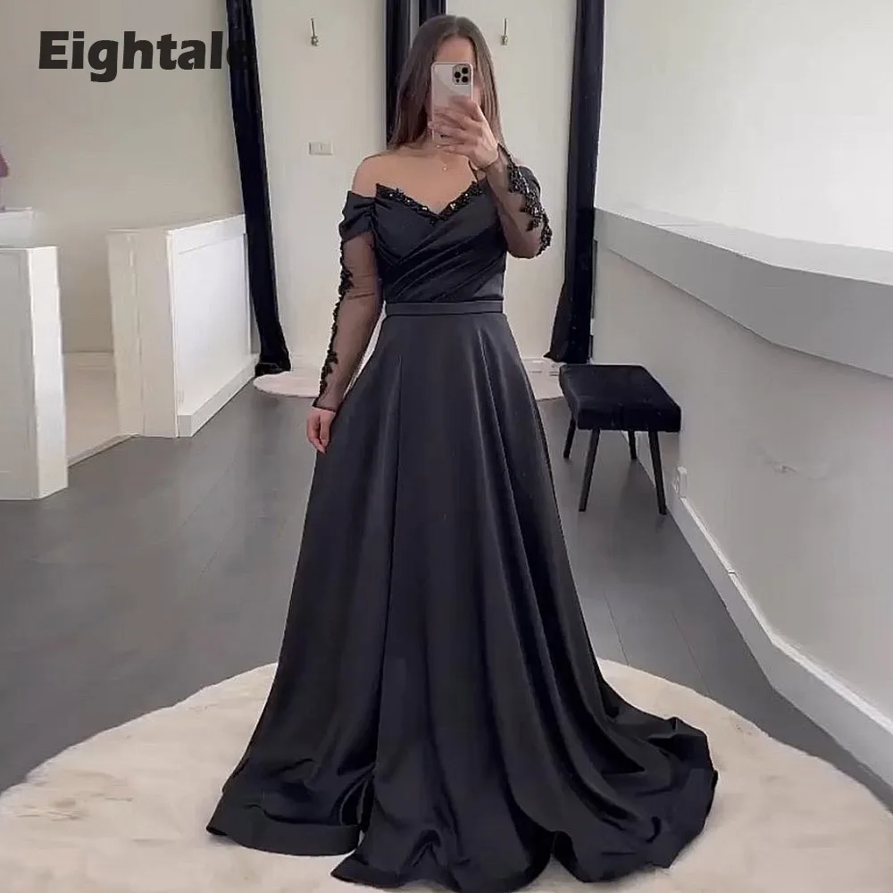 

Eightale Arabic Evening Dresses Party Satin V-Neck A-Line Black Appliques Beaded Long Sleeves Prom Gowns vestidos de noche