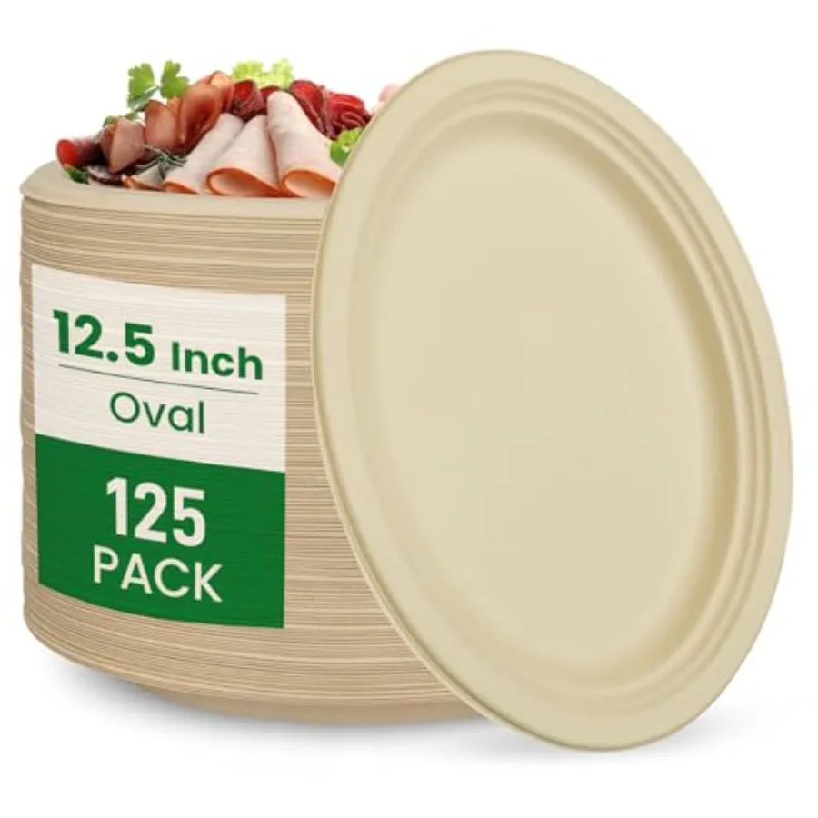

12.5 Inch Compostable Oval Plates [125-Value Pack] - Sustainable and Heavy-Duty Compostable Paper Plates Natural Sugarcane Baga