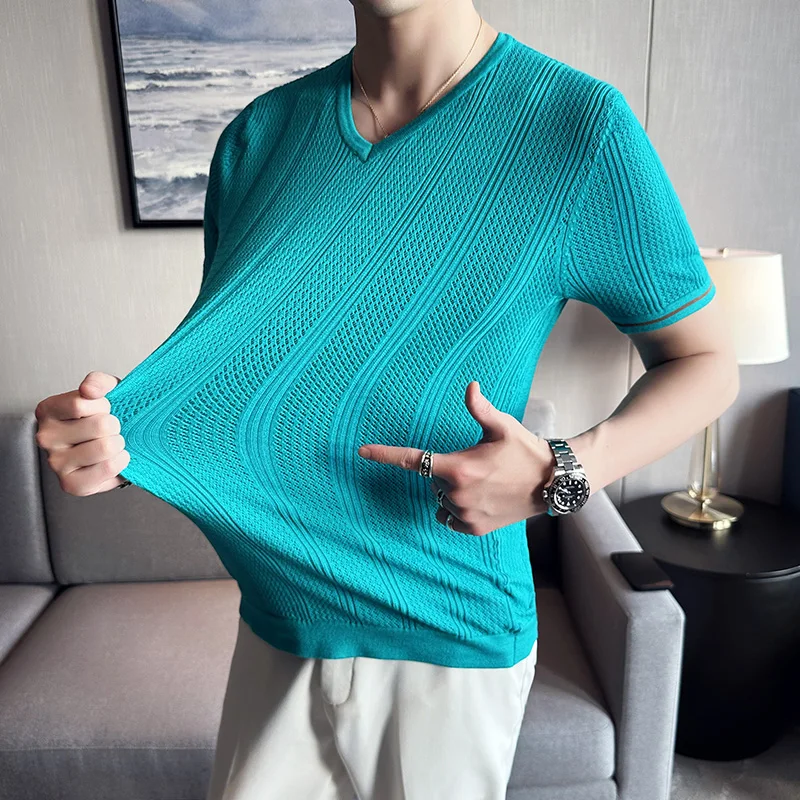 British Style Summer Thin Ice Silk Hollow Knitted T-shirt Mens Elasticity Mesh Casual V-neck Short Sleeve Breathable T Shirt