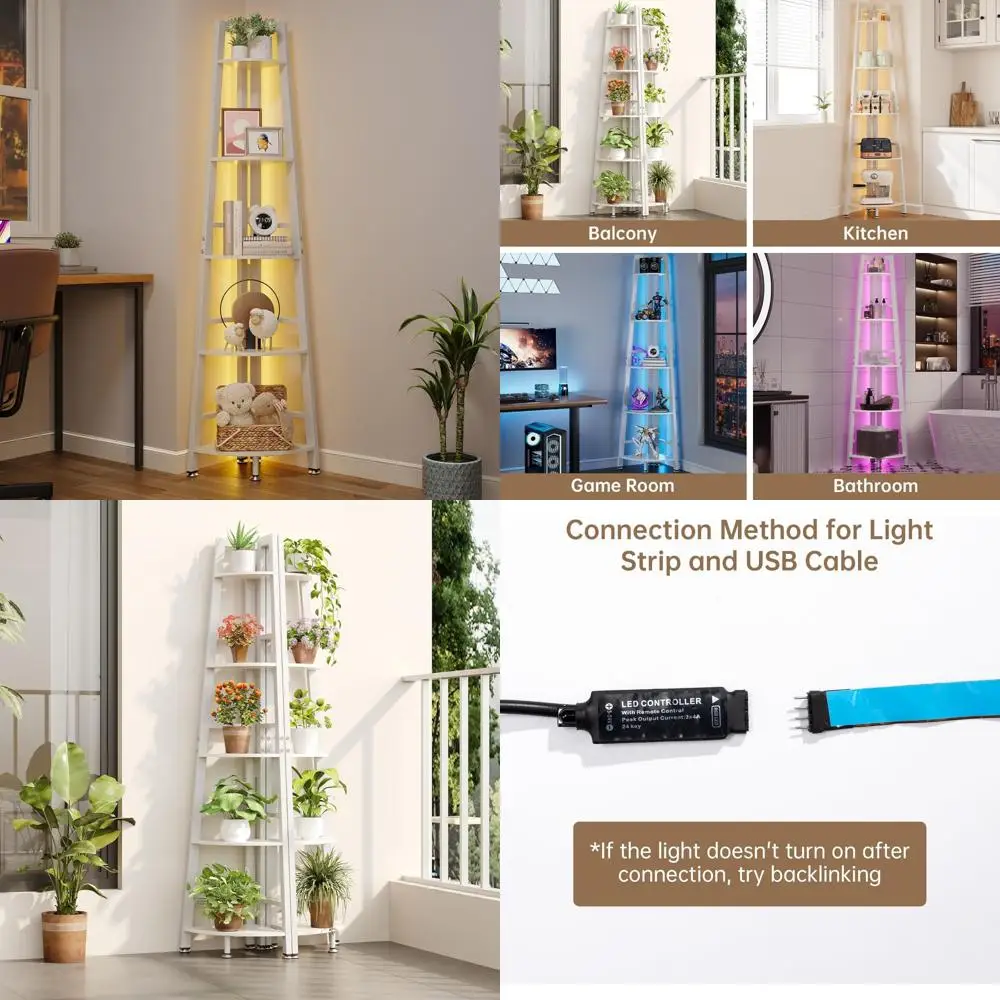 رف زاوية مضاء بإضاءة LED مكون من 5 طبقات، رف كتب خشبي بطول 70 طويلًا للعرض وغرفة المعيشة وغرفة النوم ونباتات الشرفة والديكور #1