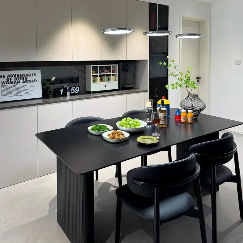 Minimalist Black Matte Rock Slab Dining Table Set with Chairs for Small Apartment Light Luxury Home Rental Rectangular Modern