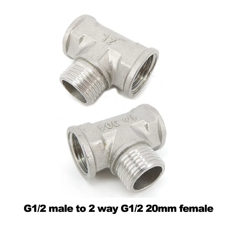 

G1/2 male to 2 way G1/2 20mm female splitter Thread Tee Type Stainless Steel Butt water hose connector Adapter Plumbing M20