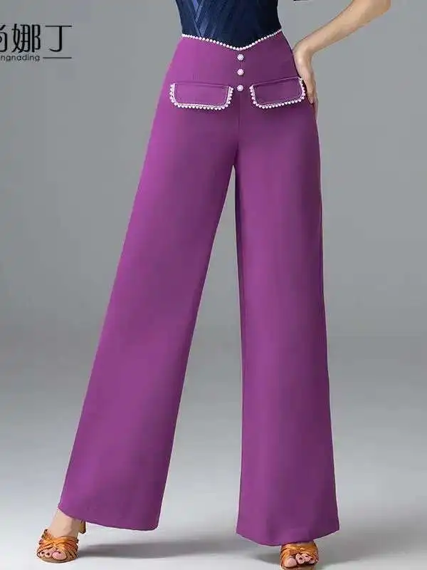 

Latin Dance Pants Women's New High Waisted Modern Waltz Dance Jibat Pants Wide Leg Straight Leg Pants