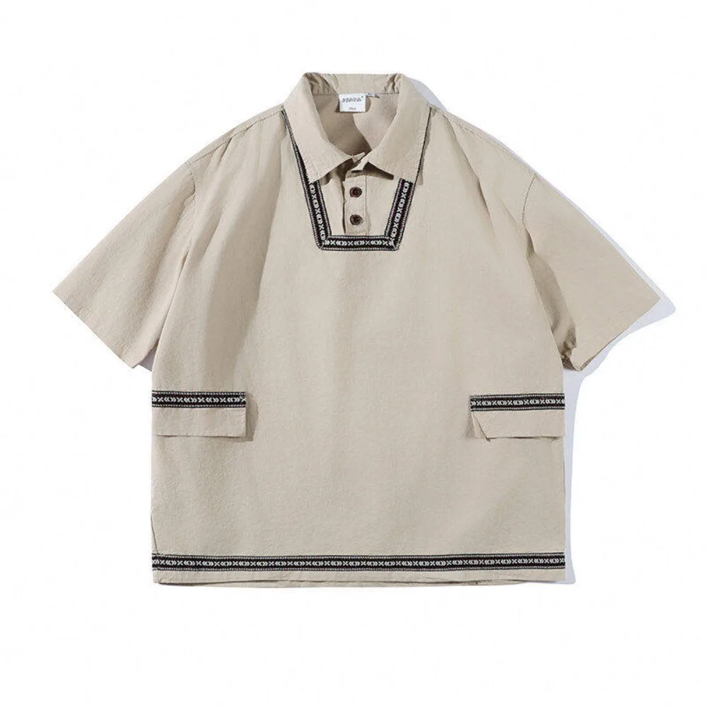 

Japanese Retro Amikaji Style Short Sleeved Shirt Men's and Women's Loose New Chinese Style Pullover Shirts