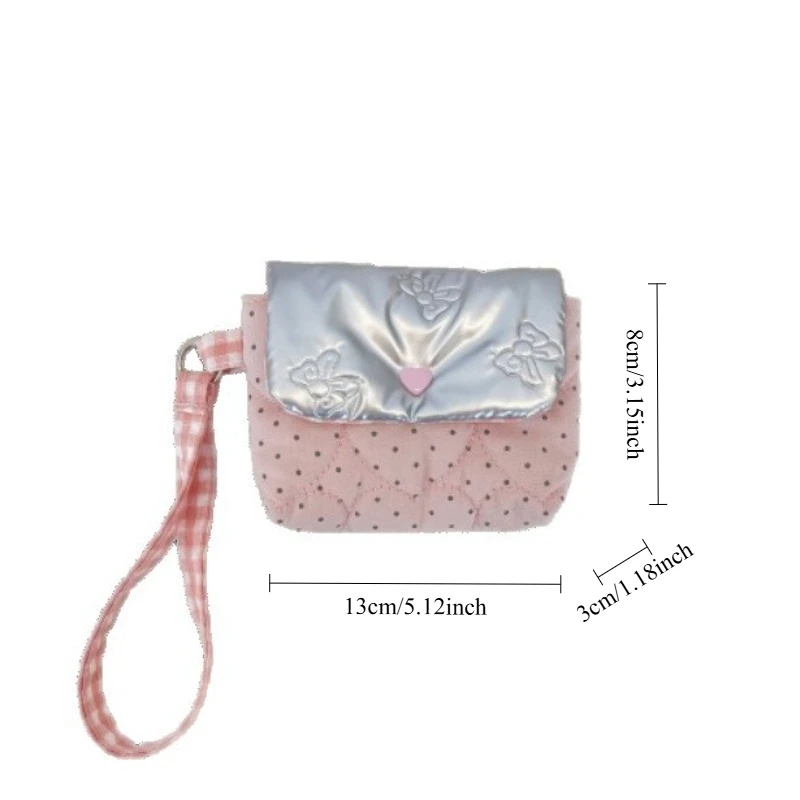 Kawaii Polka Dot Quilted Coin Purse Cute Heart Bow Mini Pouch Wristlet Bag Earphone Lipstick Cosmetic Storage Wallet for Girls