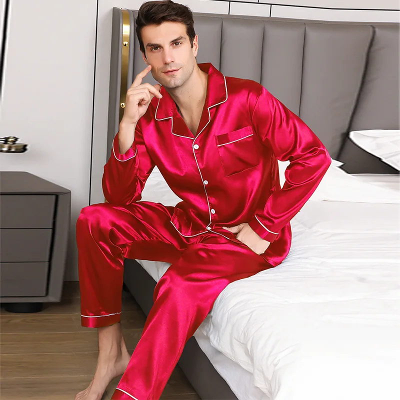 Men\'s Pajamas Suit Summer Ice Silk Sleepwear Sheer Thin Long-Sleeved Loose Large Size Loungewear Suit Silky Satin Nightwear