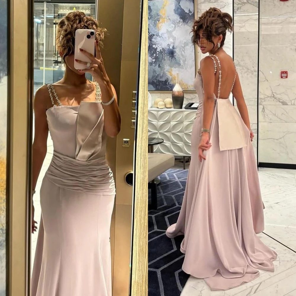 Customized Fashion Spaghetti Strap A-line Evening Dresses Formal Ocassion Gown Open Back Beading Satin robe de soirée femmes