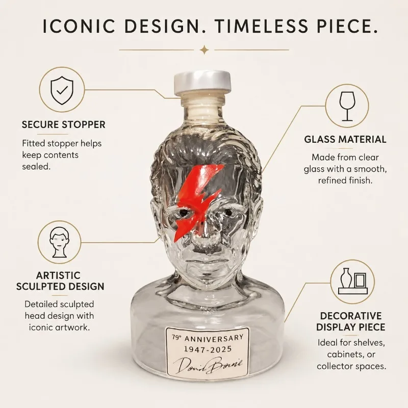 David Bowie Glass Decanter Lightning Face Bust Bottle Collectible Whiskey Liquor Container for Home Bar Decor