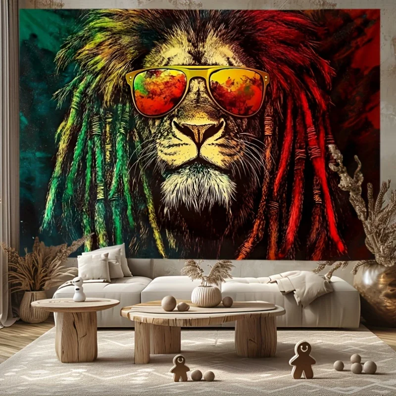 Colorful Lion Tapestry: Vibrant Dreadlocks and Sunglasses for a Bold and Eclectic Home Decor