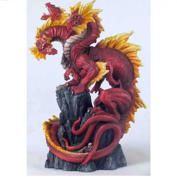 Three Headed Red Hydra Dragon Resin Figurine Fantasy Multi Headed Serpent Dragon Statue Cliff Rock Base Mythical Creature Gift