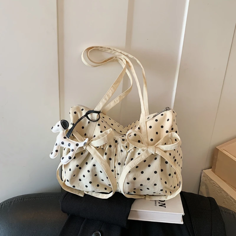 New Fashion Polka Dot Tote Bag Women Bow Design Large Capacity Folding Shoulder Pillow Bag Korean Cute Style Ins Handbag