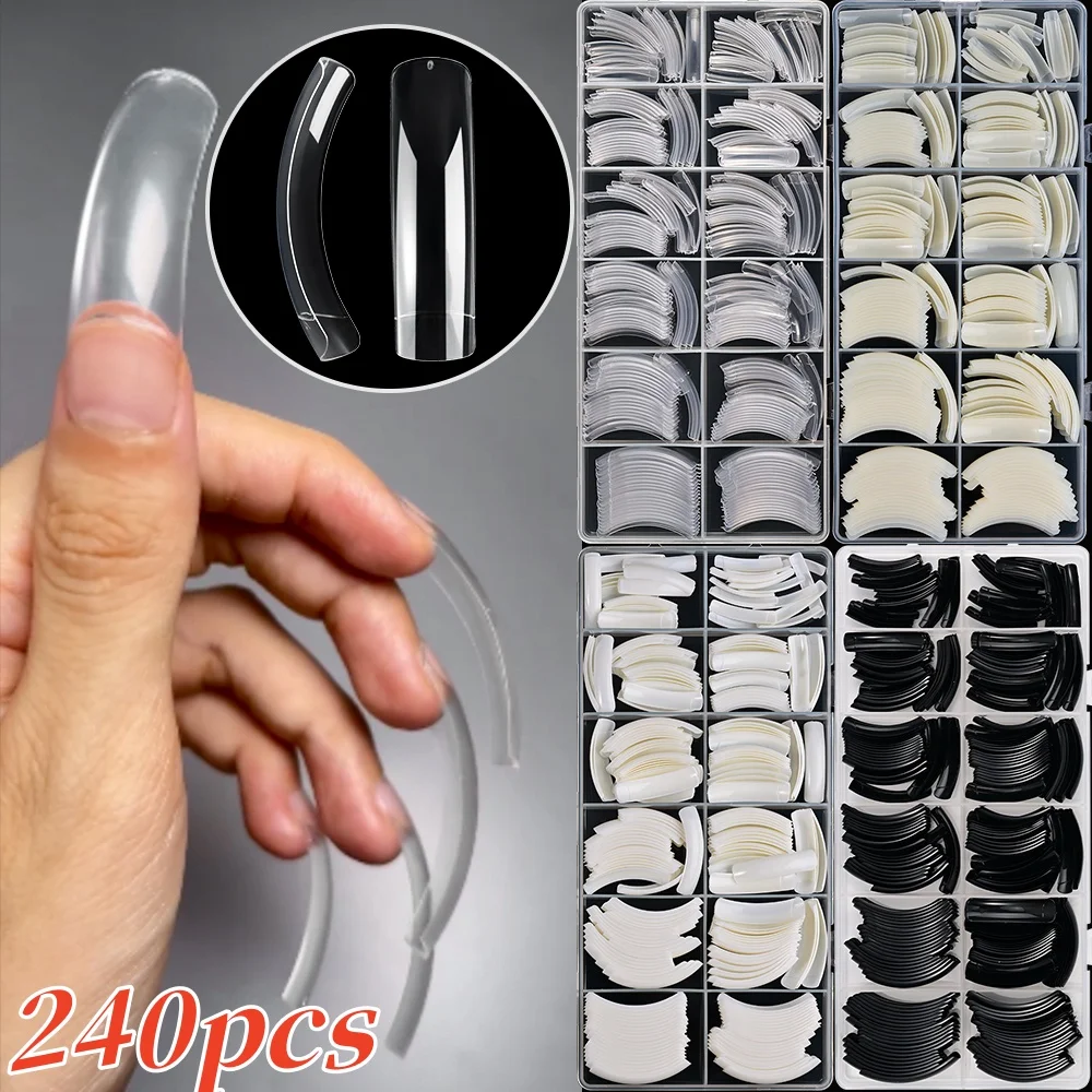 240pcs Extra-Long Curved Press on Nails Long Coffin Transparent/Natural French Fake Nails Extension DIY Salon Manicure Supply *&