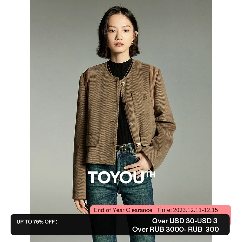 

Toyouth Women Coat 2023 Winter Long Sleeve Round Neck Loose Jacket Diagonal Texture Fabric French Elegant Advanced Outwear