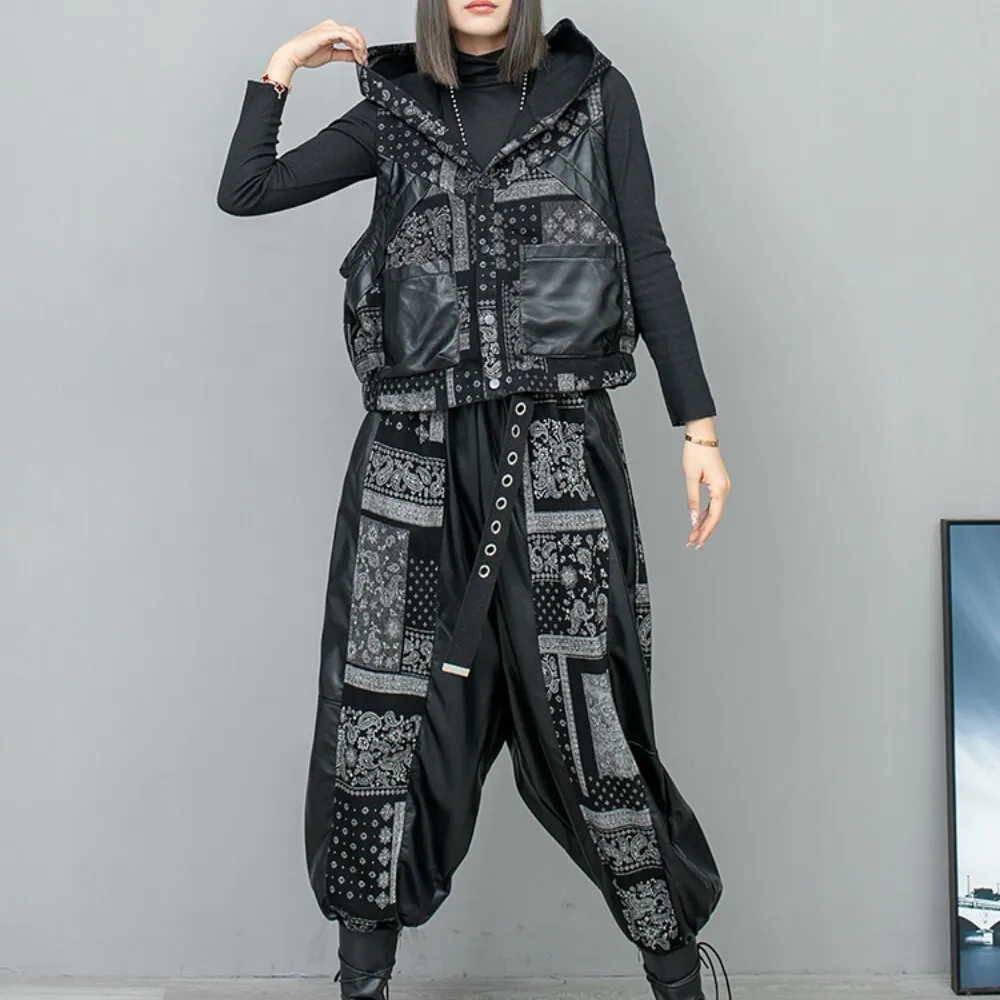 2024 Spring Autumn New Cool Printed Denim Patchwork Leather Hooded Sleeveless Short Vest + Harem Pants Two-piece Set Women LX754