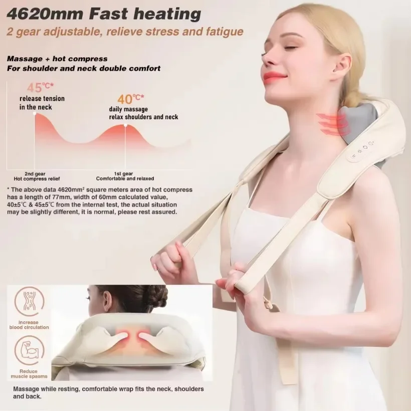 Shiatsu Neck and Back Massager Wireless Electric Deep Tissue 5D Kneading Massage Pillow Shoulder Leg Best Gifts for Women Men