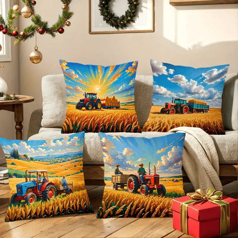 Vintage Farm Life Pillow Cushion Cover Set 4pcs Rustic Harvest Field Tractor Decor Countryside Autumn Retro Pillowcase 40x40cm