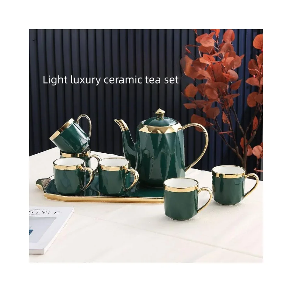 Classical design royal green porcelain coffee tea pot six cups set european luxury ceramic  sets with gift box