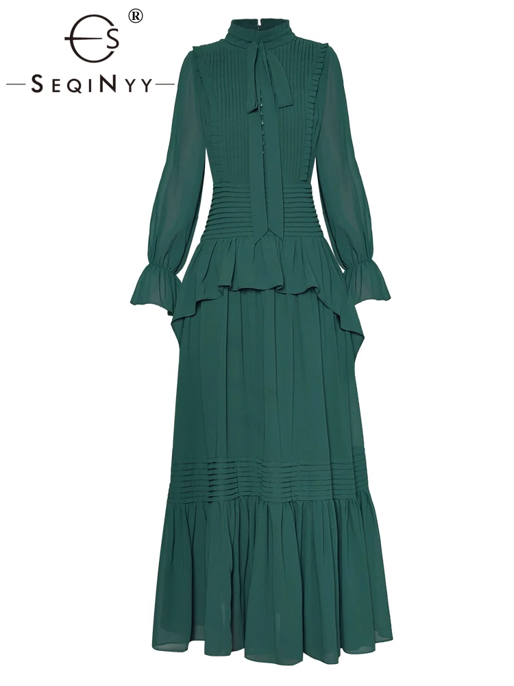 

SEQINYY Green Midi Dress Early Spring New Fashion Design Women Runway Long Sleeve Pleated Lace-Up A-Line Elegant Casual