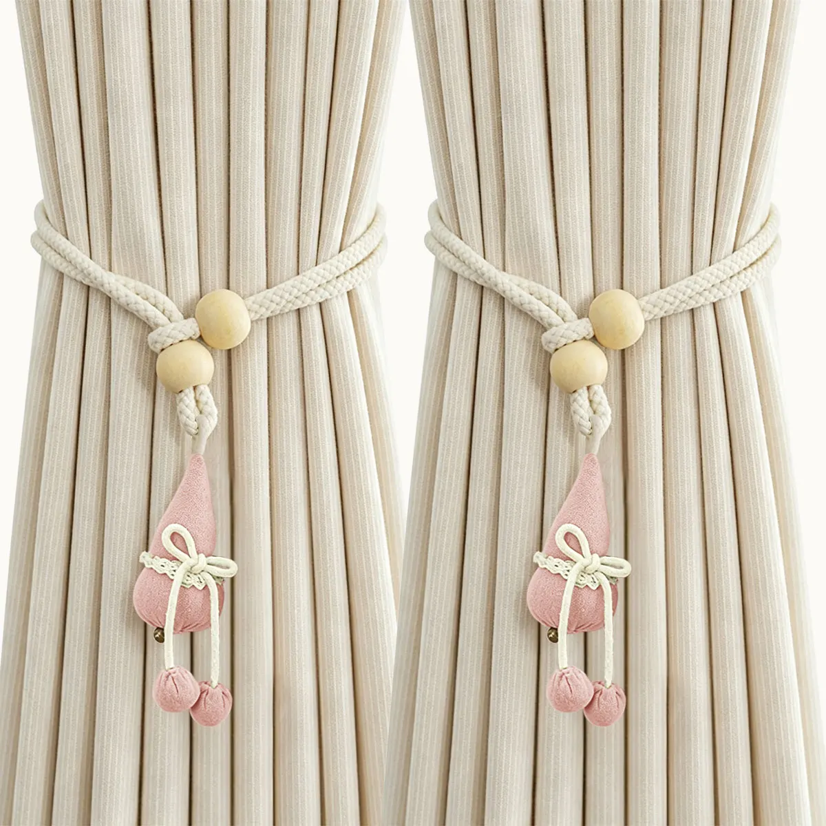 2pcs Pink Elf Fabric Curtain Tiebacks, Cream Nordic INS Style, Wooden Bead Braided Curtain Holdbacks for Bedroom Window Decor