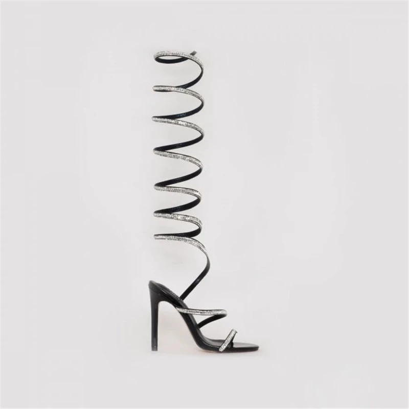 Shiner Rhinestone Coil Spring Snake Straps Thigh Sandals Boots Open Toe Stiletto High Heel Snake -like Cutout Summer Boots