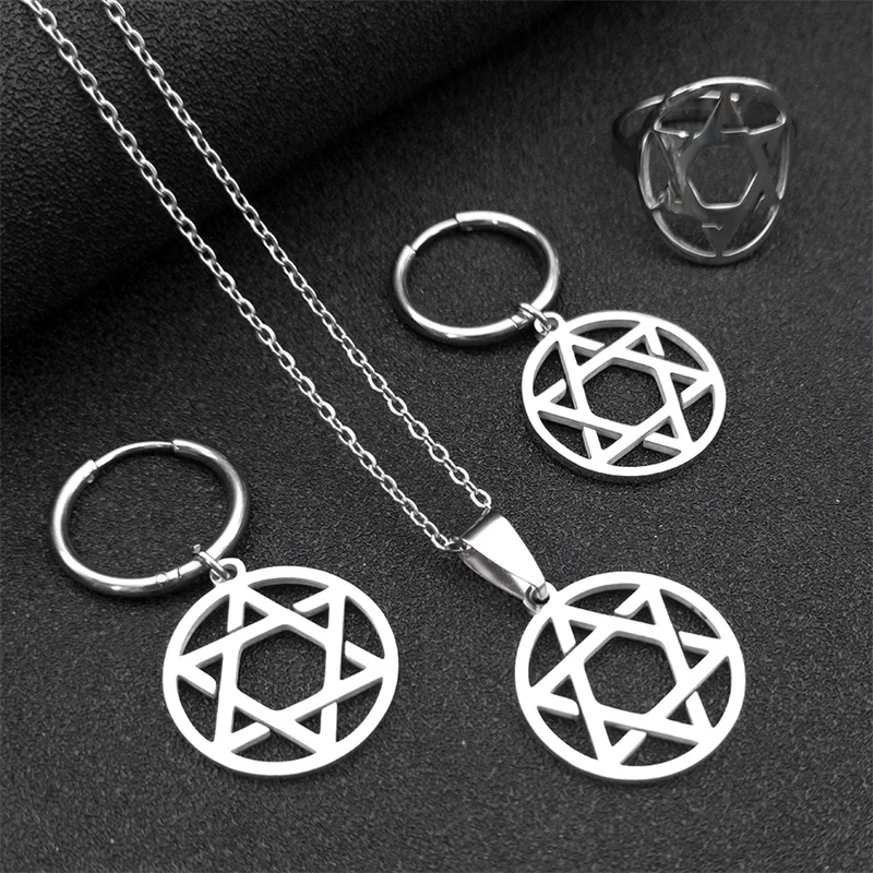 

Jewish Hexagram Star of David Pendant Necklace Hopp Earrings Adjustable Ring Stainless Steel Chain Jewelry Set Gift S1721S02