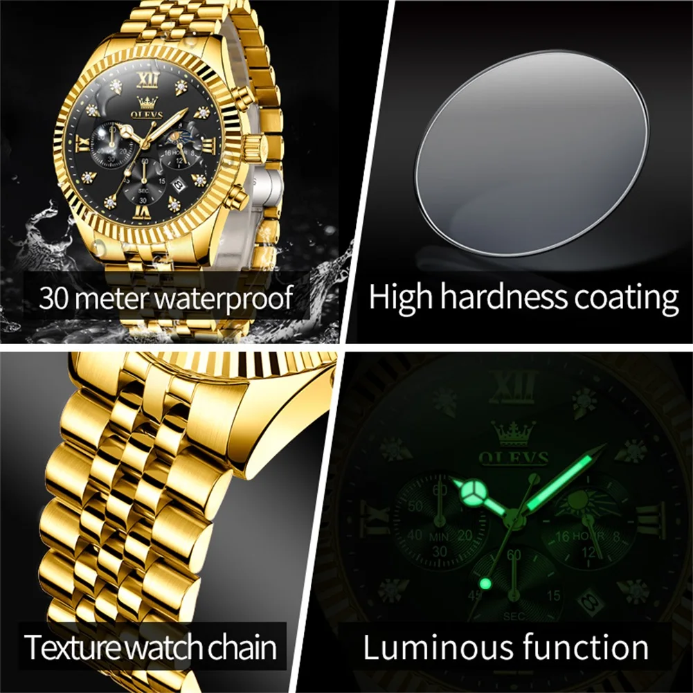 OLEVS Brand Luxury Gold Black Quartz Watch for Men Stainless Steel Waterproof Luminous Date Week Fashion Men Watches Reloj Hombr