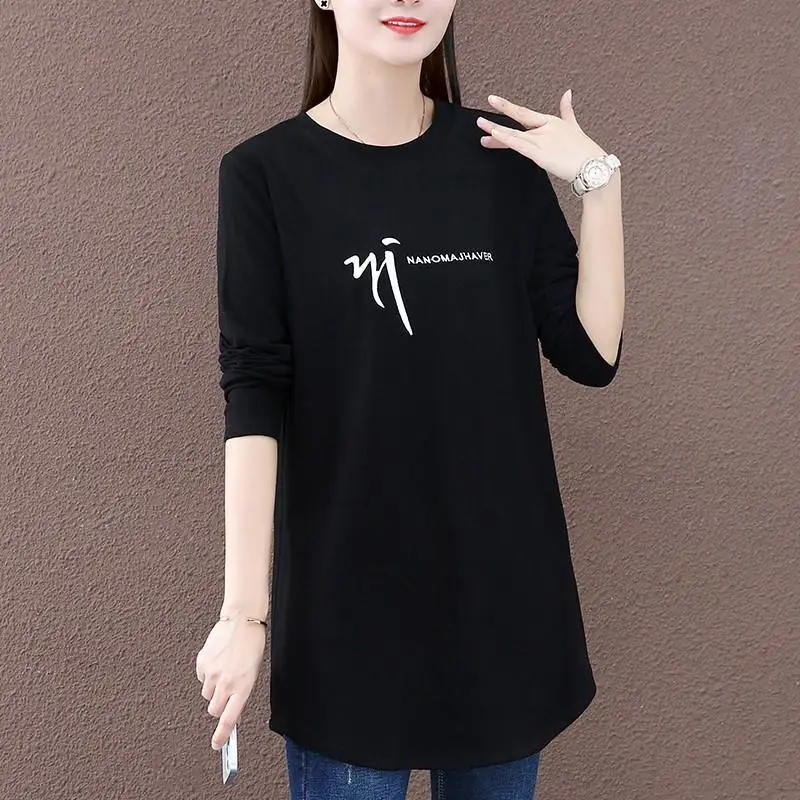 

Women's Spring and Autumn Fashion Elegant Round Neck Pullover Embroidery Splice Casual Mid Length Long Sleeve Loose T-shirt Tops