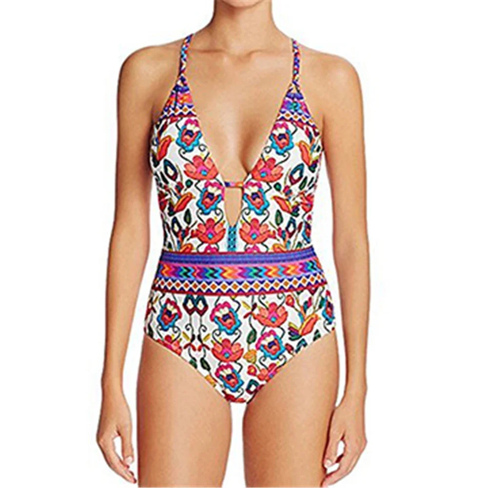 Womens One Piece Swimsuit Floral Printing Straps Sexy Backless Swimwear Ladies Padded Swimming Bathing Suit Backless Beachwear