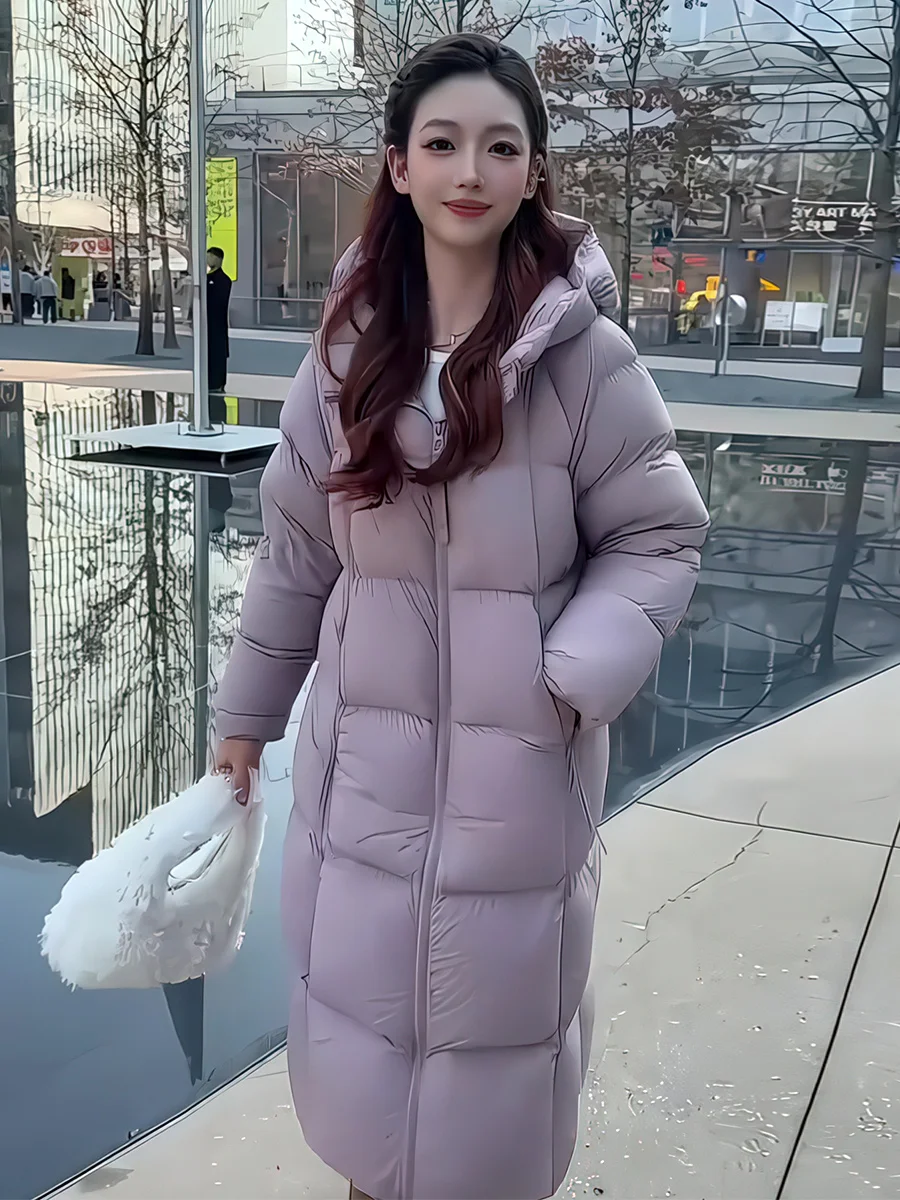 

Purple Long Puffa down Jaet Women's Winter Korean Sle Knee-Covering Loose White Du Feather Warm Bread Coat Outerwear