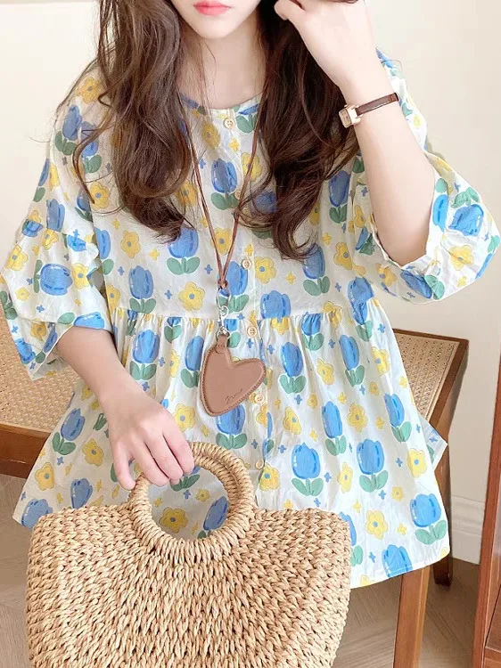 

Милый корейский круглый топ Ne Lantern Sve Puffy Cotton Floral irt Doll Top, женский свободный крой, летний обычный све irt