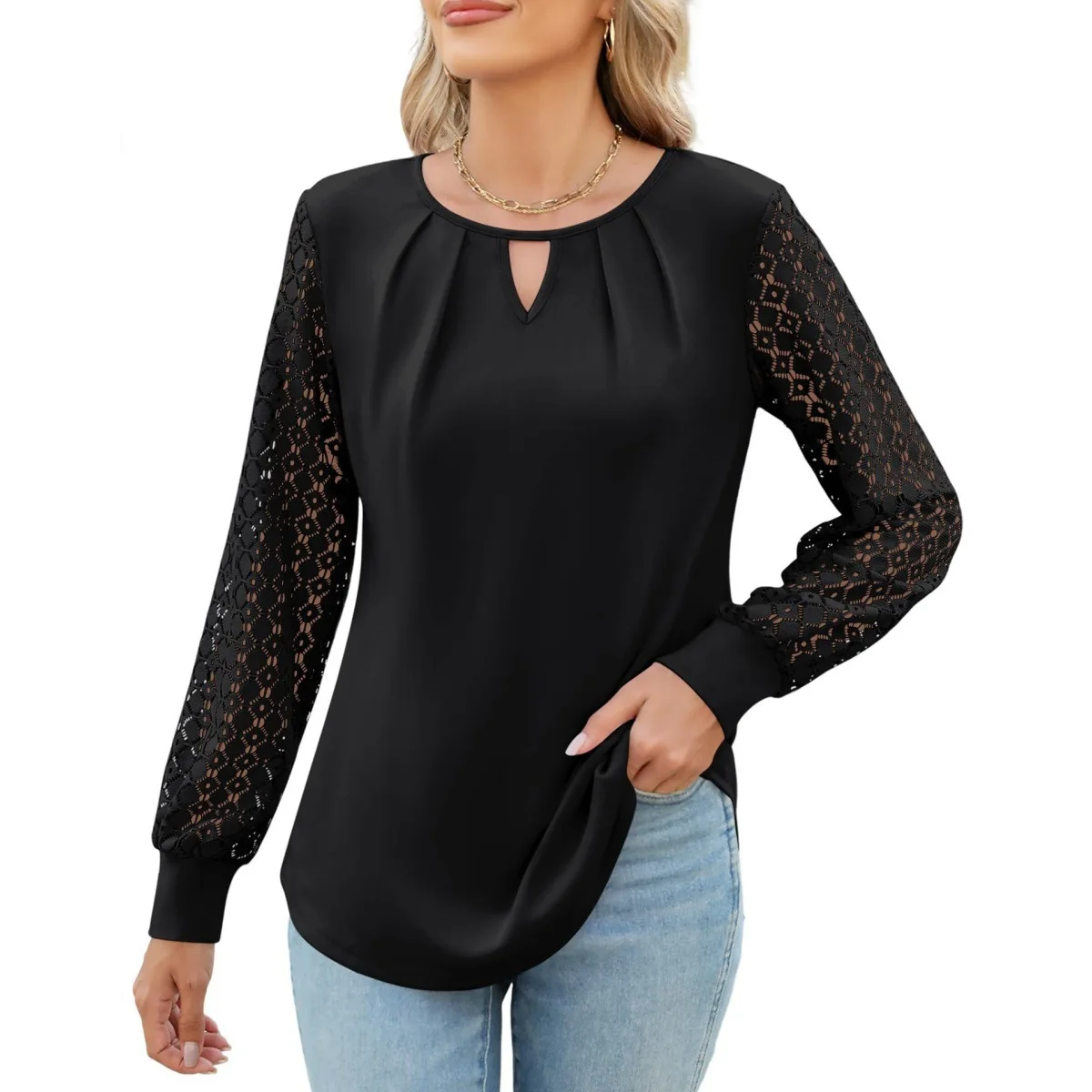 Women Hollow Out New Knitted Lace Stitching Long Sleeve Round Neck T Shirt Top Blouse