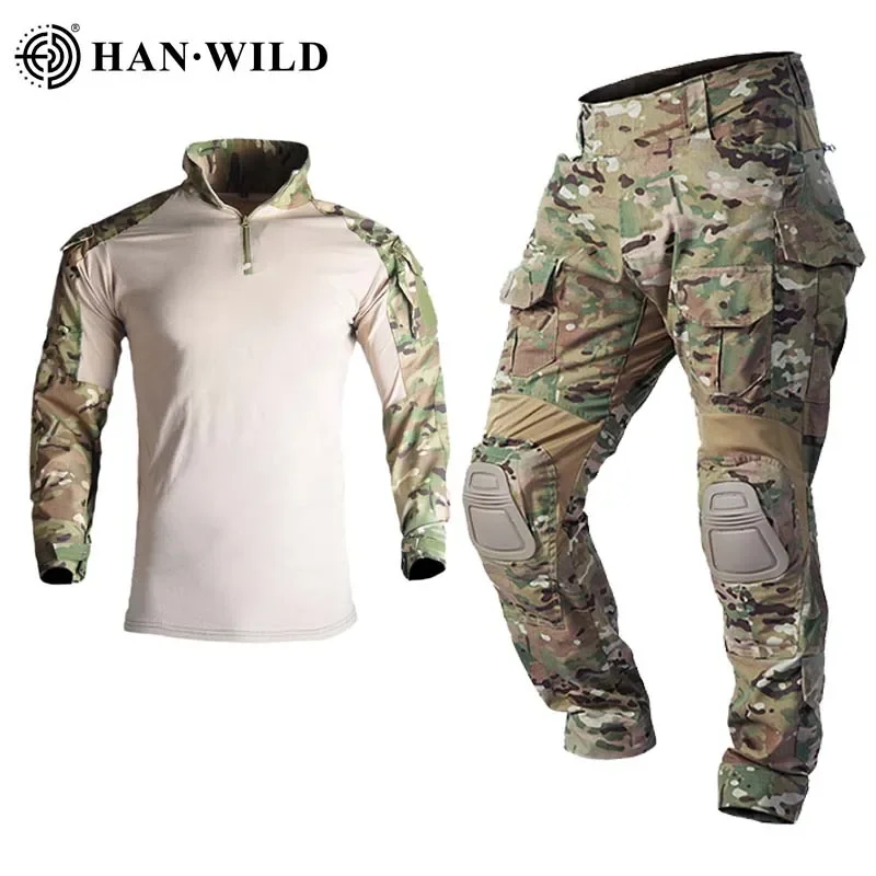 HAN WILD G3 Tactical Uniform Combat Shirts Tactical Pants with Pads Airsoft Paintball Camo Suits Hiking Hunting Clothes