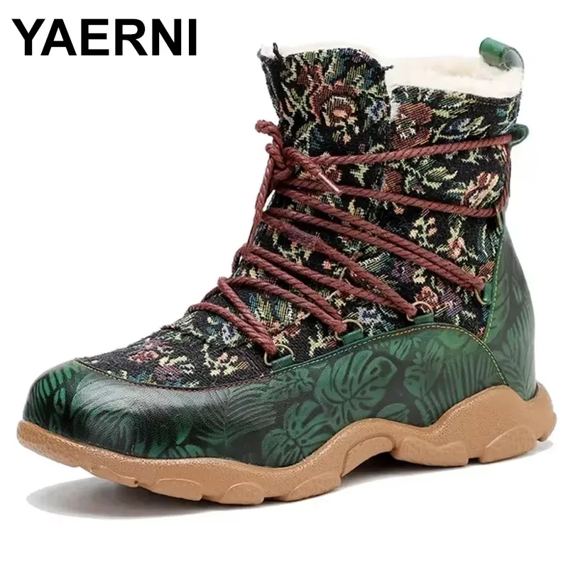 

2025 Big Size Shoes for Women 3cm Print Sheepskin Leather Mid Calf Knee High Booties Chimney Autumn Winter Flats Woolen Weave