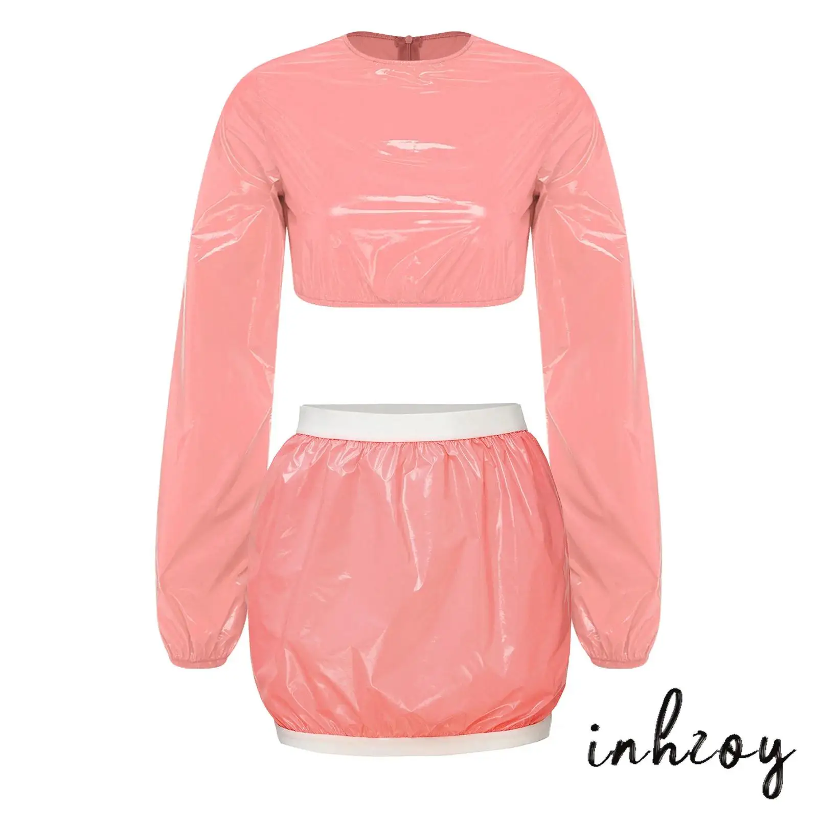 Women Waterproof Clubwear Long Sleeve Back Zipper Crop Sweat Top and Cover-up Maxi/mini Skirt Swimwear for Pool Party