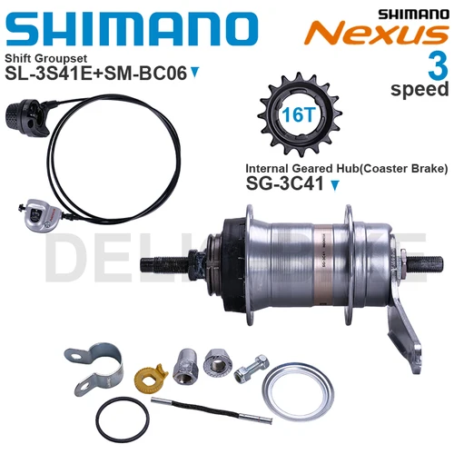 Imagen 1 del producto SHIMANO NEXUS Hub de engranaje interno SG-3C41 Palanca de cambios SL-3S41E SM-BC06 Piezas originales de 3 velocidades y 16T