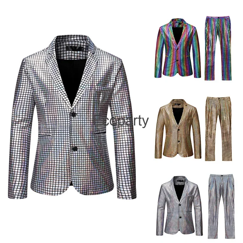 

Mens Gold Silver Rainbow Plaid Sequin Jacket Pants Suit Deluxe Slim Men Stage Prom Suits Halloween Festival Party Dance Costume