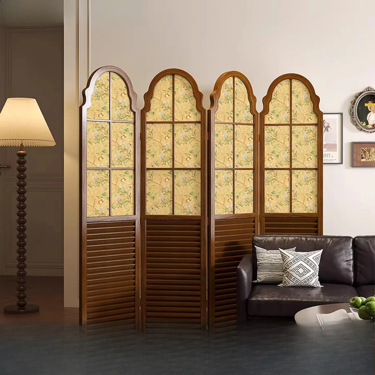 Retro screen partition, living room hotel exhibition hall, medieval flower vine decoration mobile folding folding screen