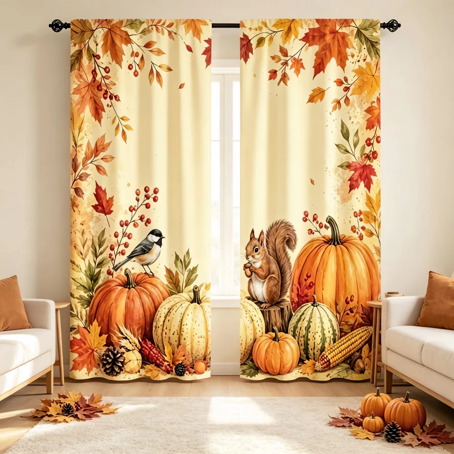 2PCS Digital Print Curtain, Rustic Autumn Maple Leaves Pumpkins Squirrel Bird Pattern, Farmhouse Fall Thanksgiving Decor