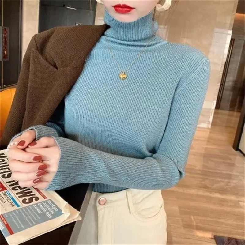 2024 New Autumn Basic Bottoming Sweater Top Women Ribbed Soft Turtleneck Long Sleeve Elastic Pullover Warm Solid Color Slim Jump