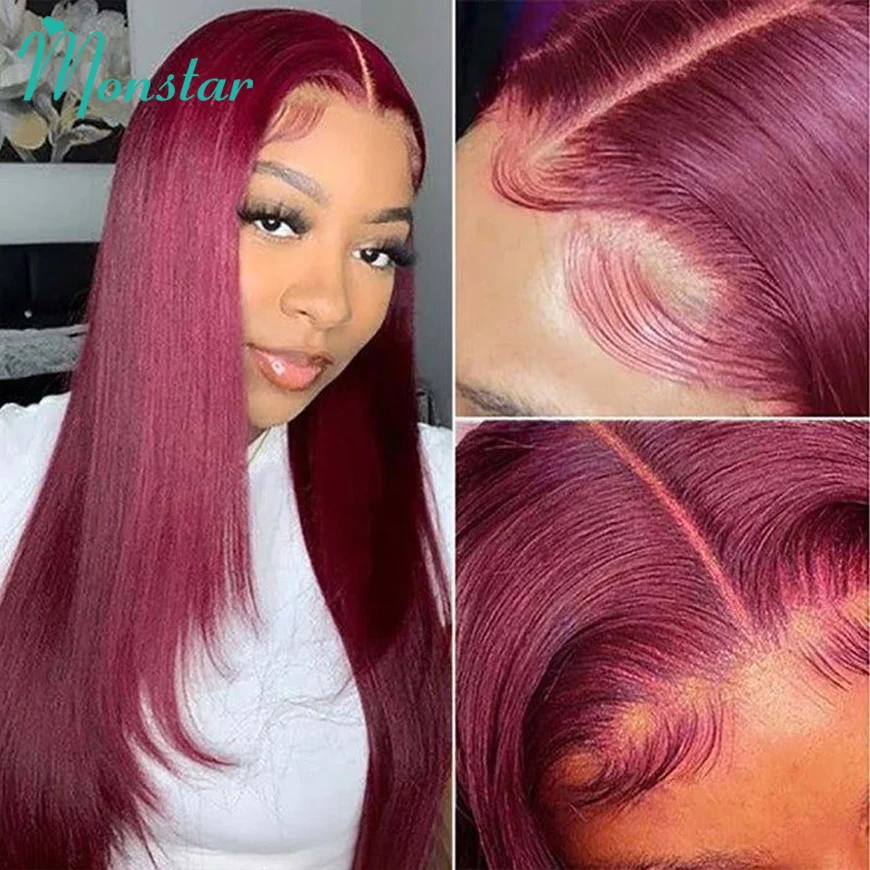 99J Burgundy Layered Wig Human Hair 13x4 HD Transparent Straight Lace Front Wig Pre Plucked Wine Red Colored Wigs for Women 250%