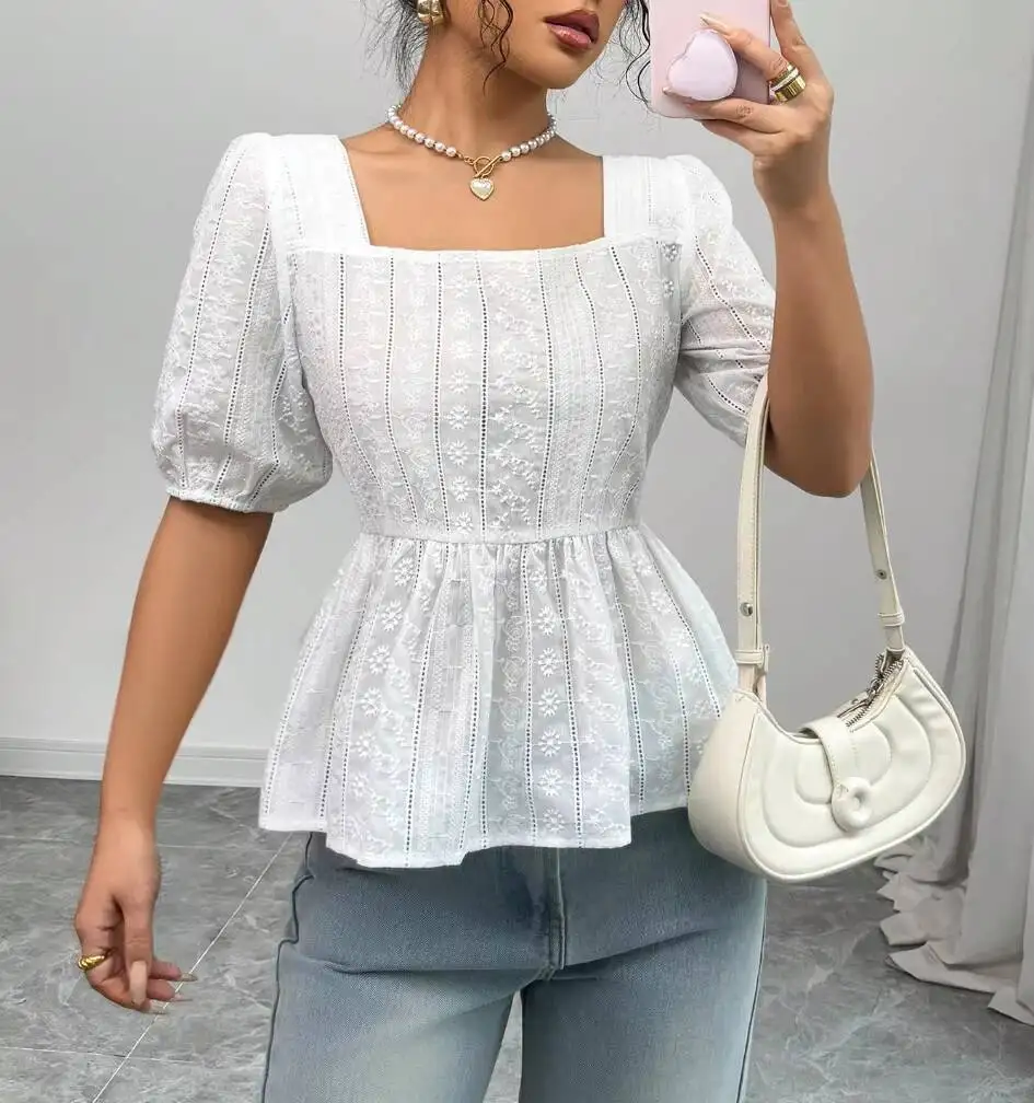 

Women's Square Neck Puff Sleeve Eyelet Blouse Fitted Peplum Top Casual 2026 Spring Summer Chic Daily Lightweight Top