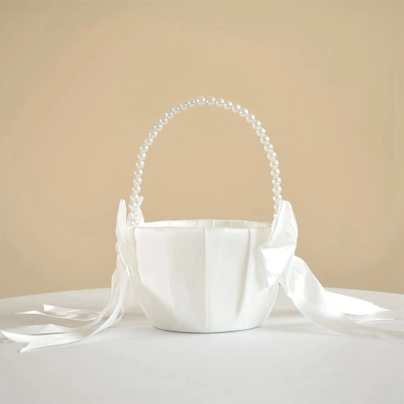 New Wedding Flower Girl Basket With Cute Pearl Handle Bowknot Satin Flower Baskets For Wedding Ceremony Etc