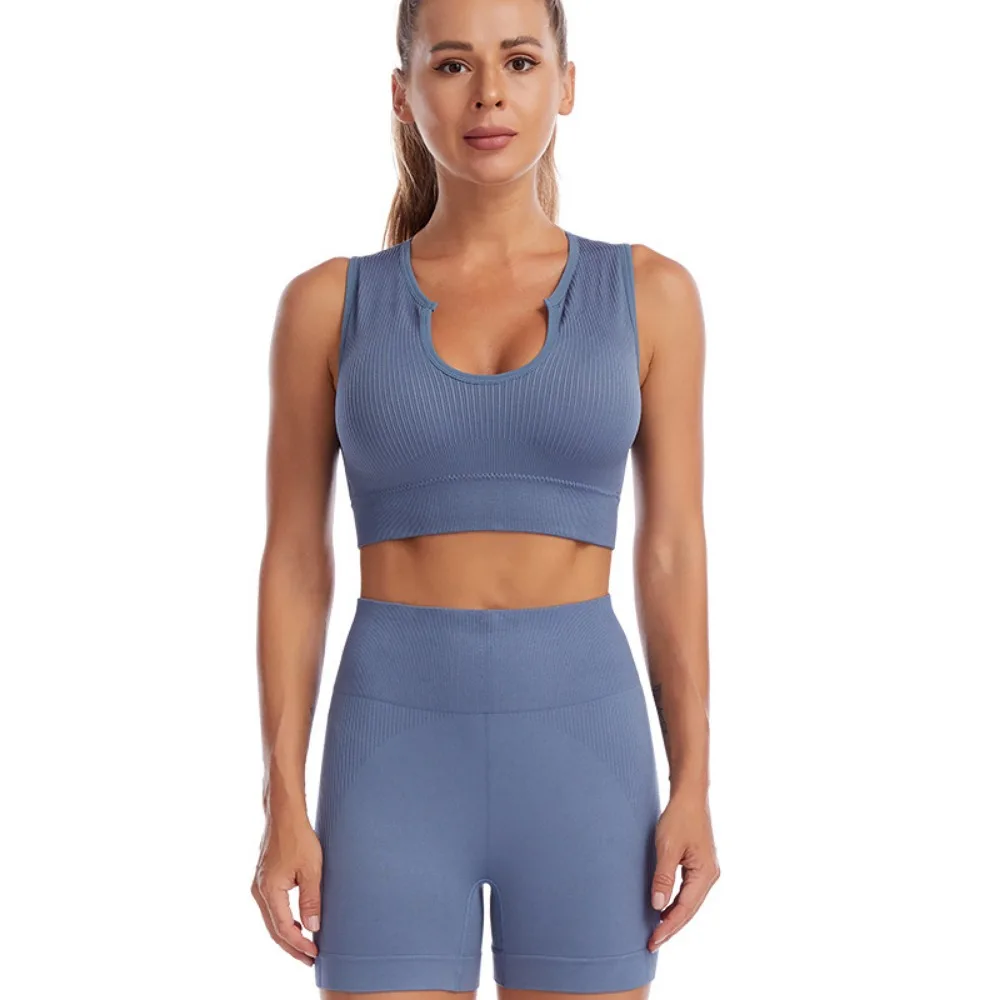 

Crop Tops Nylon Women Yoga Suit Rib-Knit Without Pad Workout Bra Shorts Set Ringless Breathable Running Shirts Fitness Wear