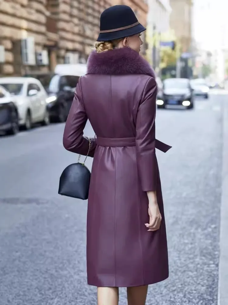 Gabardina con cinturón largo para mujer, chaqueta de piel de oveja, abrigo de plumón cálido púrpura, cuello de piel de zorro, ajuste Delgado,