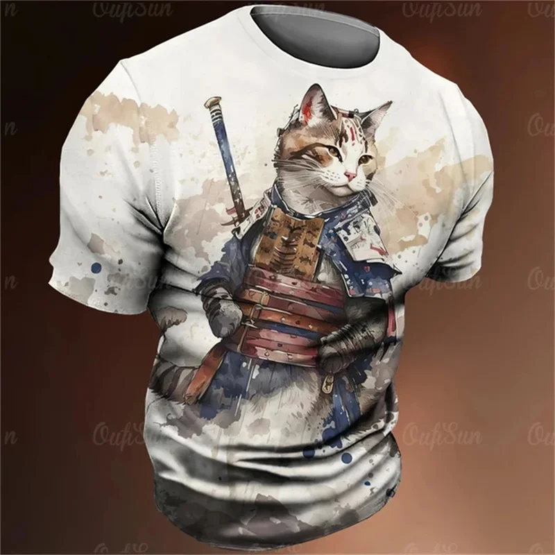 Men's Summer T-shirt With Animated Cat Pattern Round Neck Breathable And Comfortable Trendy And Quick Drying Material Casual