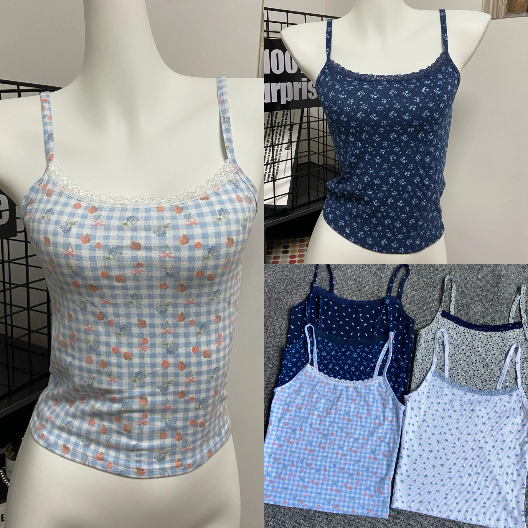 Top Curto F Estilo Coreano com Renda Floral e Alças Finas, Estilo BM, para Uso Interno e Externo, em Mistura de Aodã...