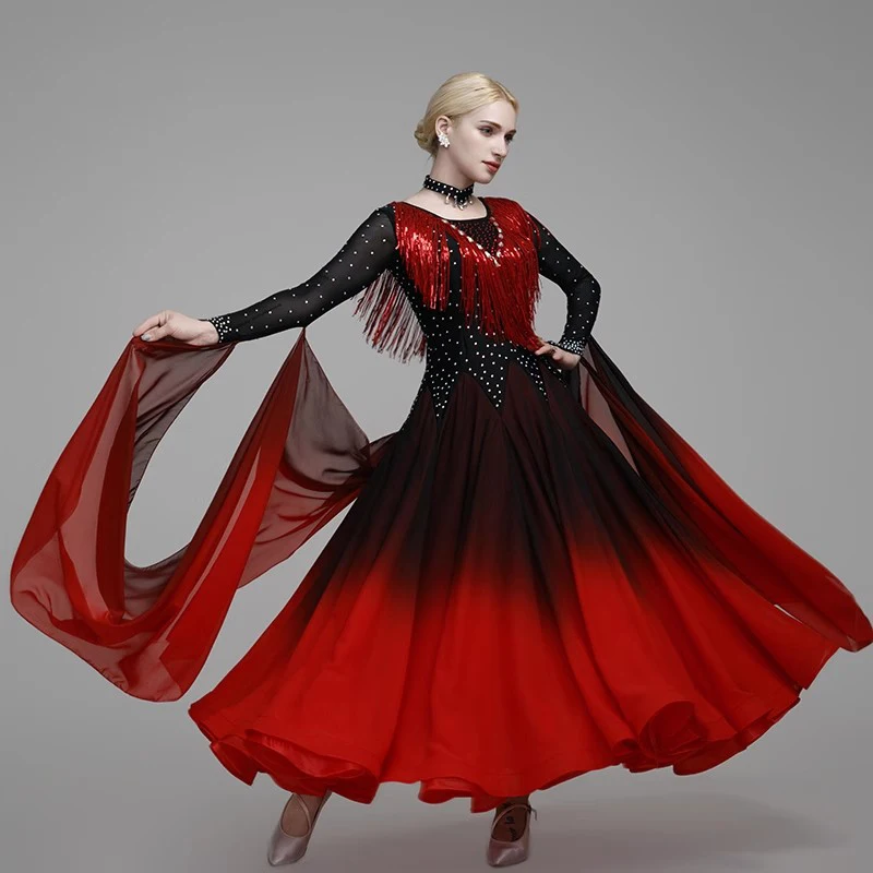 Robe de danse de salon à paillettes pour femmes, robe de valse de compétition, frange Standard nationale, vêtements de danse modernes à manches longues