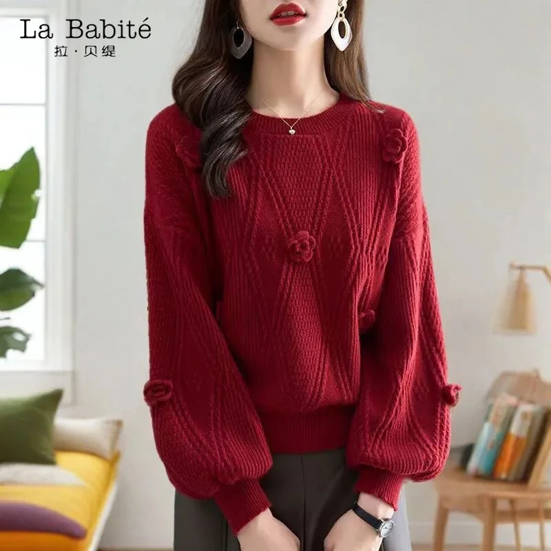 

Ankela Red 2025 New Year Sweater Women's Autumn And Winter High End Three Dimensional Flower Lazy Style Knitted Sweater Top